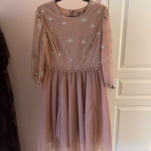 JessaKae Dusty Rose Star Embroidered Mesh Party Dress